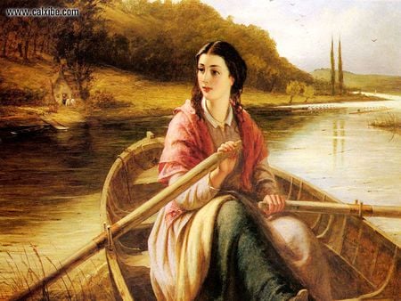 The Ferry - nature, lady, boat, river