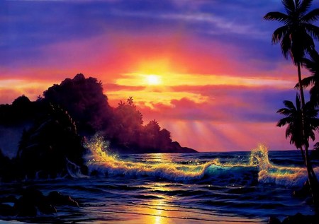 Tropical Dusk - beach, tropics, crest, sunset, rock, waves