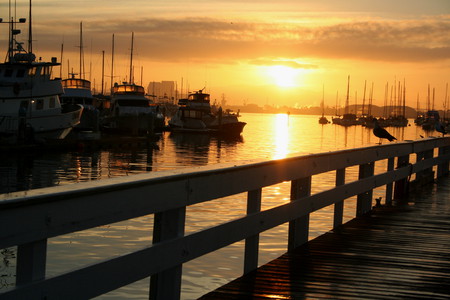 Dawn at the Landing - boats, sea, sunrise, docks