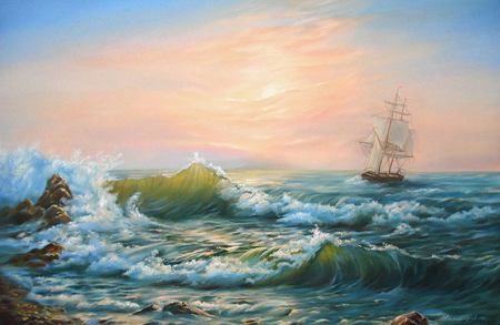 Waves - painting, sky, art, ship, ocean, waves