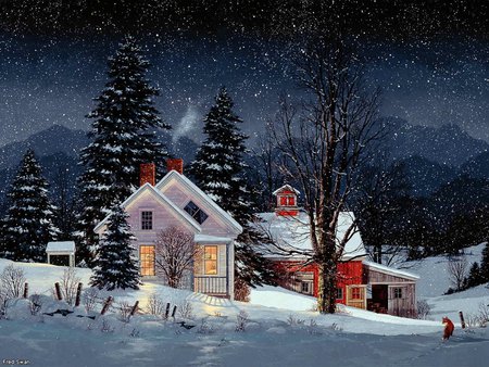 the visitor - house, winter, fox, painting, barn, snow, stars, art