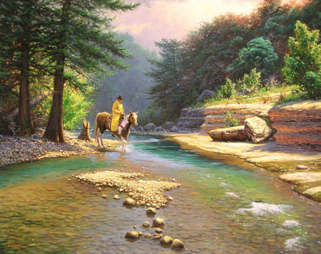 cowboy harmony - crossing, painting, creek, rock, art, horse