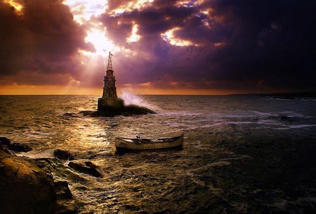 Ocean evening - sky, ocean, evening, clouds, marker, boat, rocks, waves