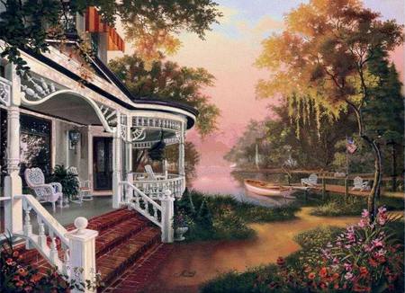 the porch - painting, art, porch, steps, house, pond