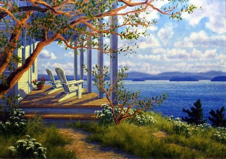 set a while - porch, veiw, painting, chairs, ocean, art