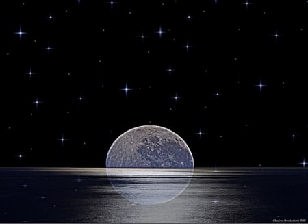 Moon on the Water - moon, moonrise, water, stars