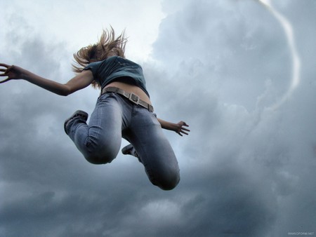 up - sky, girl, jump, clouds