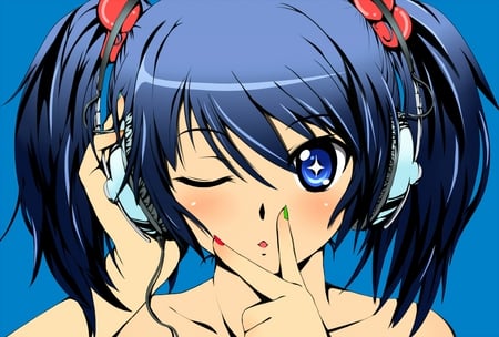 tagme - blue hair, tagme, headphones, twintails, blue eyes, anime, wink, cute