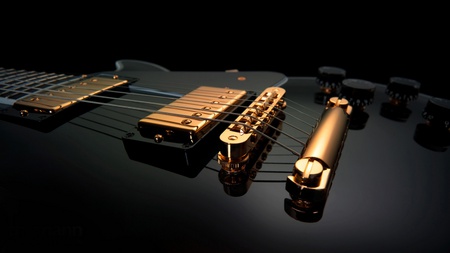 S - guitar, pretty, music, black, strings, band, gold, entertaiment