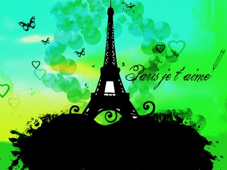 Eiffel Tower Vector - black, blue, green, butterflies, france, eiffel tower