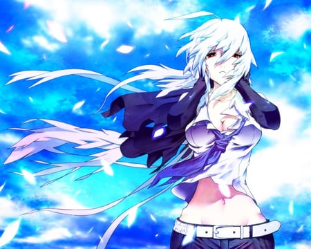 Yowane Haku - clouds, anime, vocaloid, yowane haku, blue sky, white hair, red eyes, yowane, cute, sexy