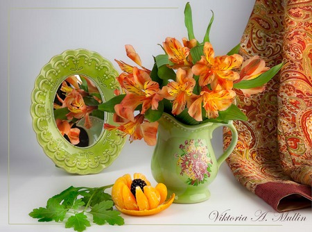 still life - photography, still life, flower bouquet, mirror, green, kettle, beautiful harmony, orange, flowers, blackberry