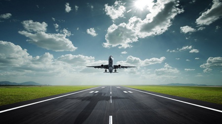 take off - silver, black, road, runway, blue, white, sky, clouds, aircraft, plane