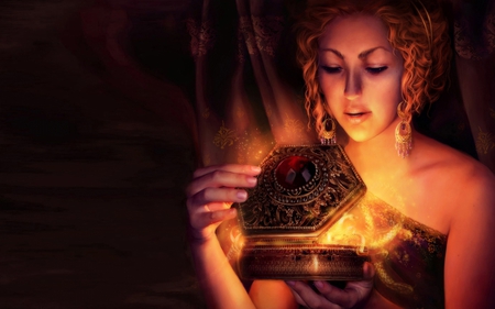 Endless Possibilities - dreams, girl, magic, imagination, gown, fire, ringlets, shoulder, earrings, box, pretty, hand, blonde, container