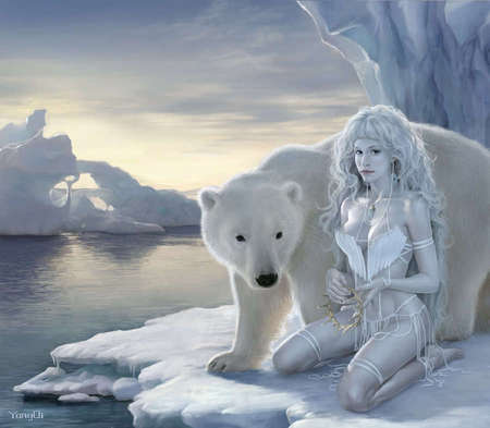 Ice Princess - water, anime, girl, white, sky, bear, fantasy, nice, iced, sexy, ice, woman, snow, cold