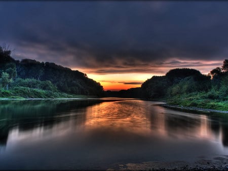 Beautiful Nature - sky, trees, water, sunset, lovely, dark sky, orange yellow, nature, amazing, cool, reflection, beautiful, delightful, green