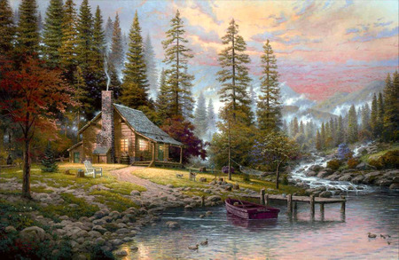 cabin - river, rural, boat, pier