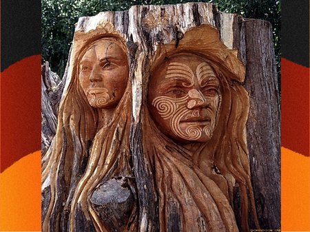 Women carved in wood - women, forest, wood, banner