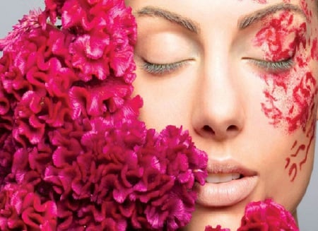 Fashion beauty - flowers, paint, woman, eyes, face, pink