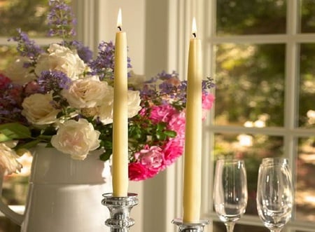 Afternoon Romance - wineglass, window, roses, candles, flowers, fire, vase