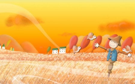 Autumn scarecrow - cloud, scarecrow, field, painting, autumn