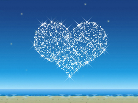 StaryHeart - sand water, heart, blue, stars, sky