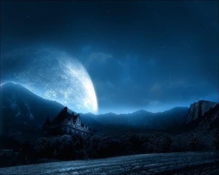 MOON OVER MT - moon, blue, night, mountain, dark