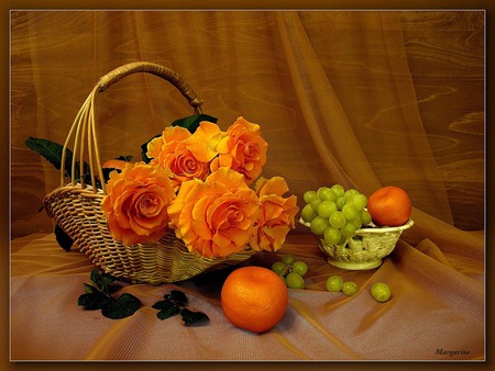 still life - roses, photography, still life, elegant, fruit, flower basket, beautiful, orange, grape, flowers, tangerine, harmony