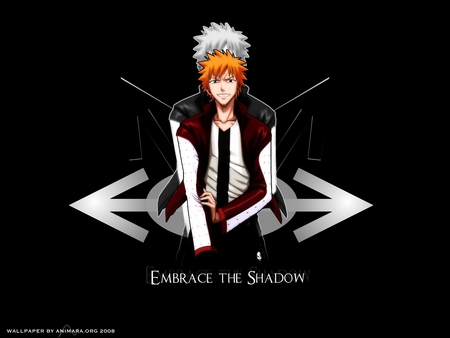 Bleach Embrace the Drakness - kurosaki, ichigo, darkness, white hair, shinigami, short hair, hollow ichigo, bleach, orange hair