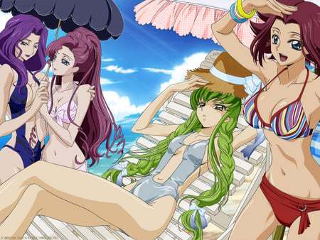 Fun in the sun - beauty, sky, beach, hot, cc, sun, geass, cute, karren, euphimia, sexy, ocean, beautifull, pink hair, purple hair, cornilia, awsome, red hair, code geass, bikini, sea, green hair