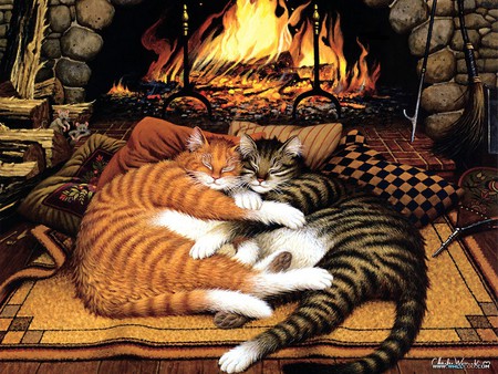 Cuddle Buddies - sleeping, rug, cats, 2 cats, pillows, fireplace, mice