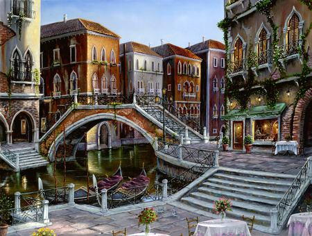 Venetian Sunrise - roses, birds, tables, chairs, sunrise, steps, flowers, cafes, venice, canal, robert finale, art, stores, arched, water, buildings, homes, boats, stairs, gondolas, painting, italy, bridge