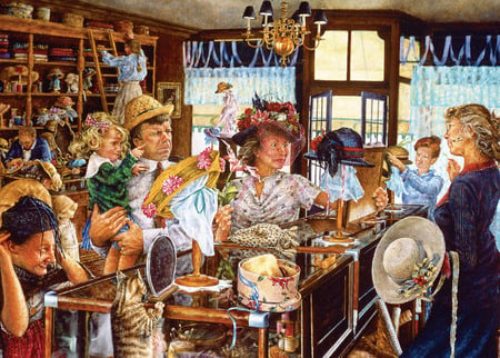 the Milliners - hats, people, mirror, shop