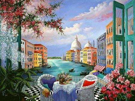 venetian afternoon - flowers, table, cushions, view