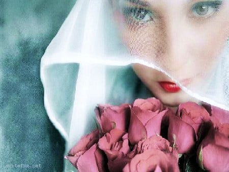 A little mystery and roses - woman, veil, roses, pink, blue eyes