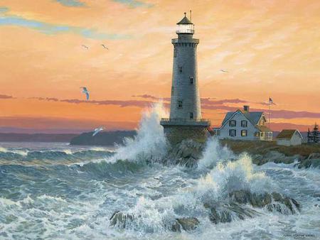 Storm Tide - sea gulls, lighthouse, flag pole, trees, cliff, water, sunset, crashing waves, rocks, clouds, house