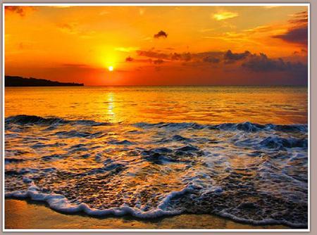 Sunset in Bali - beach, reflection, clouds, water, golden, sunset, waves