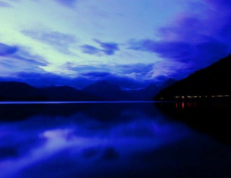 Places in the blue - moonlight, lights, water, night, shore, blue, homes, lake, sky, reflection