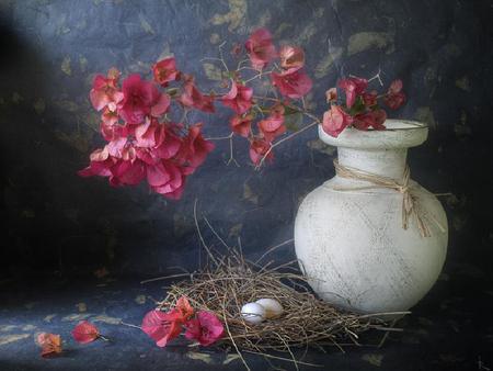 Fragile Still Life - eggs, vase, nest, arrangement, bouganvillas, still life