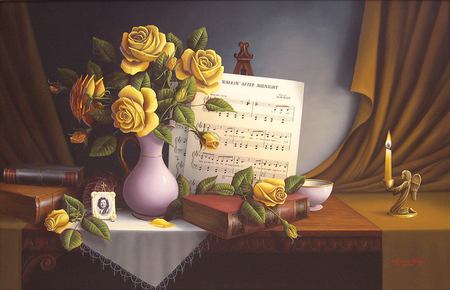 sweet dreams - flowers, vase, music, picture, book, art, still life