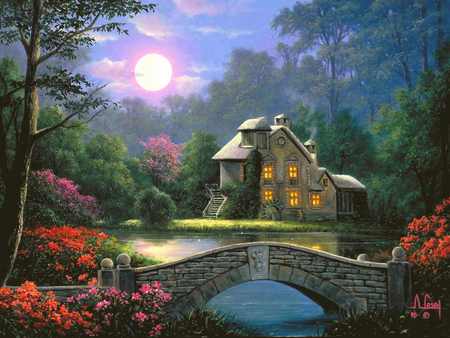 by moon light - moon, flowers, house, bridge