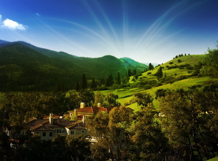 Arlequin village - mountains, houses, grass, trees