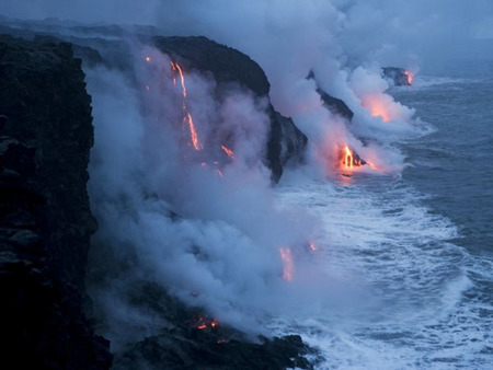 Volcano Lava Flow - water, hot, hawaii, ocean, mountain, lava, fire, ash, smoke