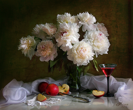 still life - drink, photography, still life, fruit, cup, vase, white, flower bouquet, beautiful, peony, flowers, apple