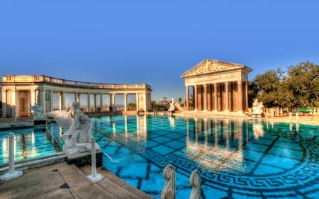 Beautiful - trees, water, blue, beautiful, reflection, statues, architecture, stairs, nature, pool, monuments, sky