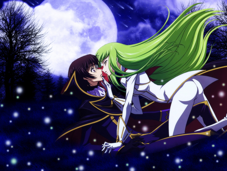 Lovers Embrace - moon, love, stars, couple, cc, long hair, code geass, lamperouge, lelouch, kiss, zero, moonlight, embrace, green hair