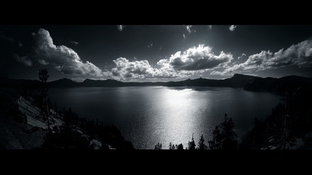 dark horizon - lake, sky, stars, trees, sad, water, wet, black, white, dark, pretty, lonely, romantic, clouds, beautiful, shiney