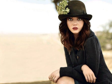 Emma Stone - hat, red hair, stone, redhead, emma, red lips, emma stone