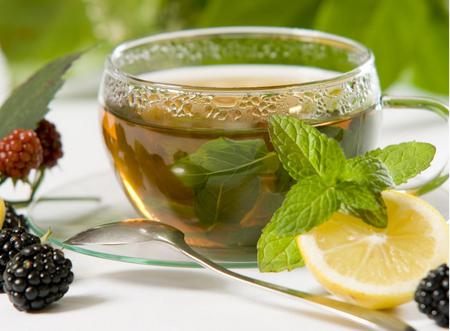 cup of tea - spoon, mint, mornings, morning, herbs, glass, cups, berry, refreshment, tea, saucer, company, rasberries, cup, fruit, lemon, rest, lemons