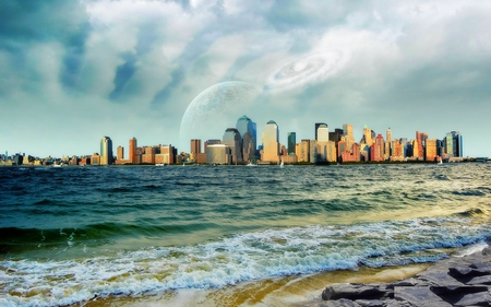 FLOATING CITY - sky, ocean, beach, city, buildings, planet, dreamy